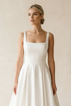Square Neck Satin A-Line Ruched Wedding Dress in White - Curvevia
