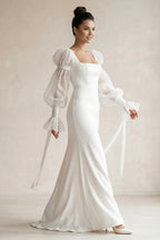 Sheath Square Neckline Long Sleeves Satin Wedding Dresses - Curvevia