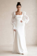 Sheath Square Neckline Long Sleeves Satin Wedding Dresses - Curvevia
