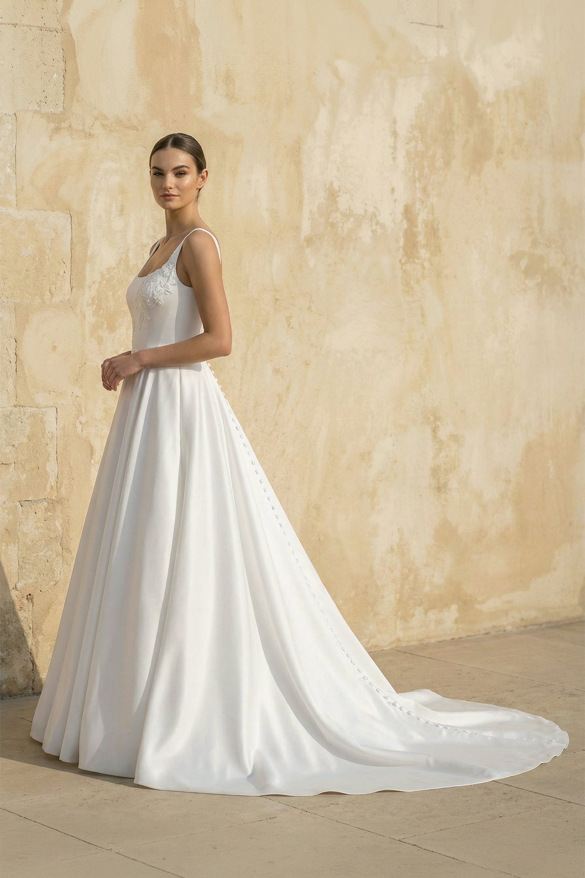 Square Neck Satin Wedding Dress With Appliques in White - Curvevia