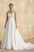 Square Neck Satin Wedding Dress With Appliques in White - Curvevia