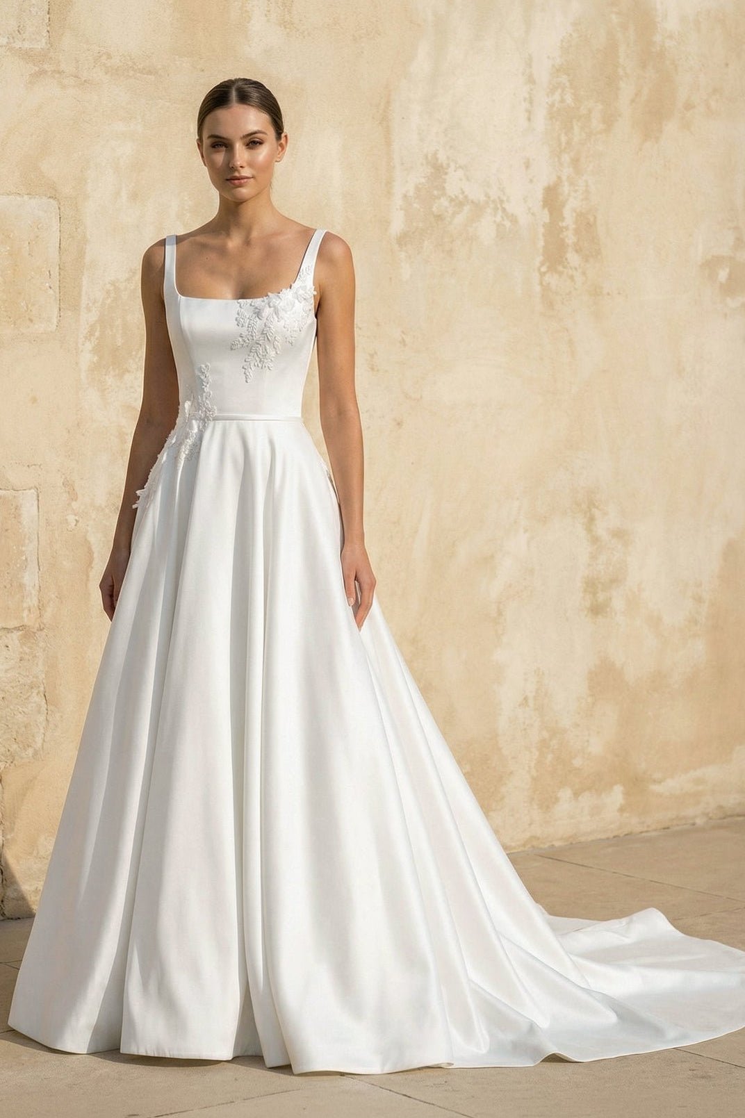 Square Neck Satin Wedding Dress With Appliques in White - Curvevia