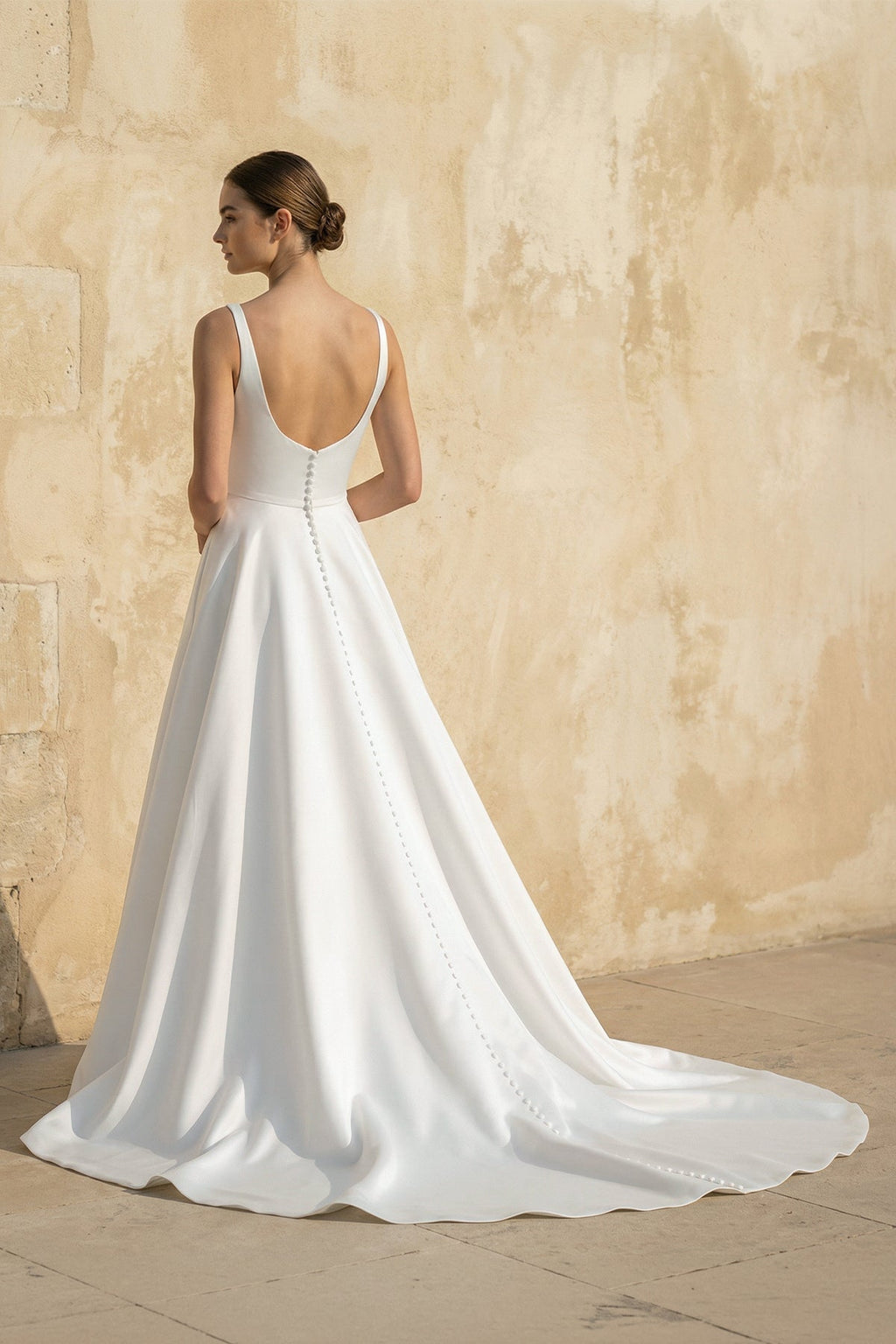 Square Neck Satin Wedding Dress With Appliques in White - Curvevia