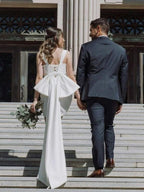 Square Neck White Satin Short Wedding Dress with Bow Back and Veil - Curvevia