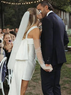 Square Neck White Satin Short Wedding Dress with Bow Back and Veil - Curvevia