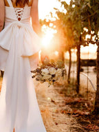 Square Neck White Satin Short Wedding Dress with Bow Back and Veil - Curvevia