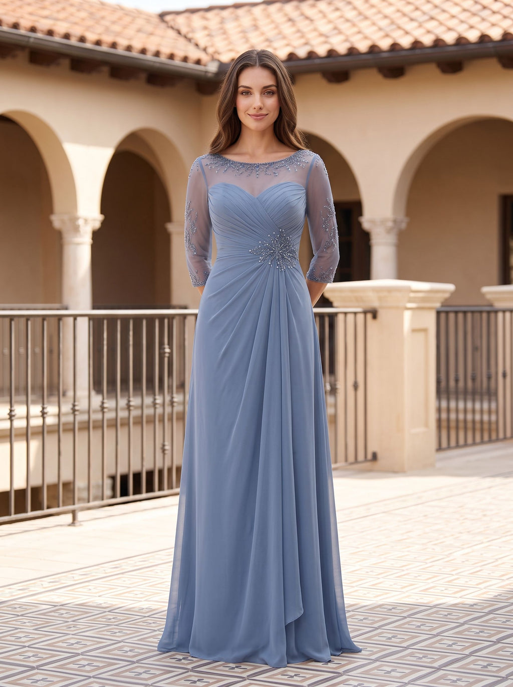 Steel Blue Chiffon A-Line Scoop Neck Illusion Floor-Length Dress with Illusion Lace Sleeves - Curvevia