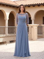 Steel Blue Chiffon A-Line Scoop Neck Illusion Floor-Length Dress with Illusion Lace Sleeves - Curvevia