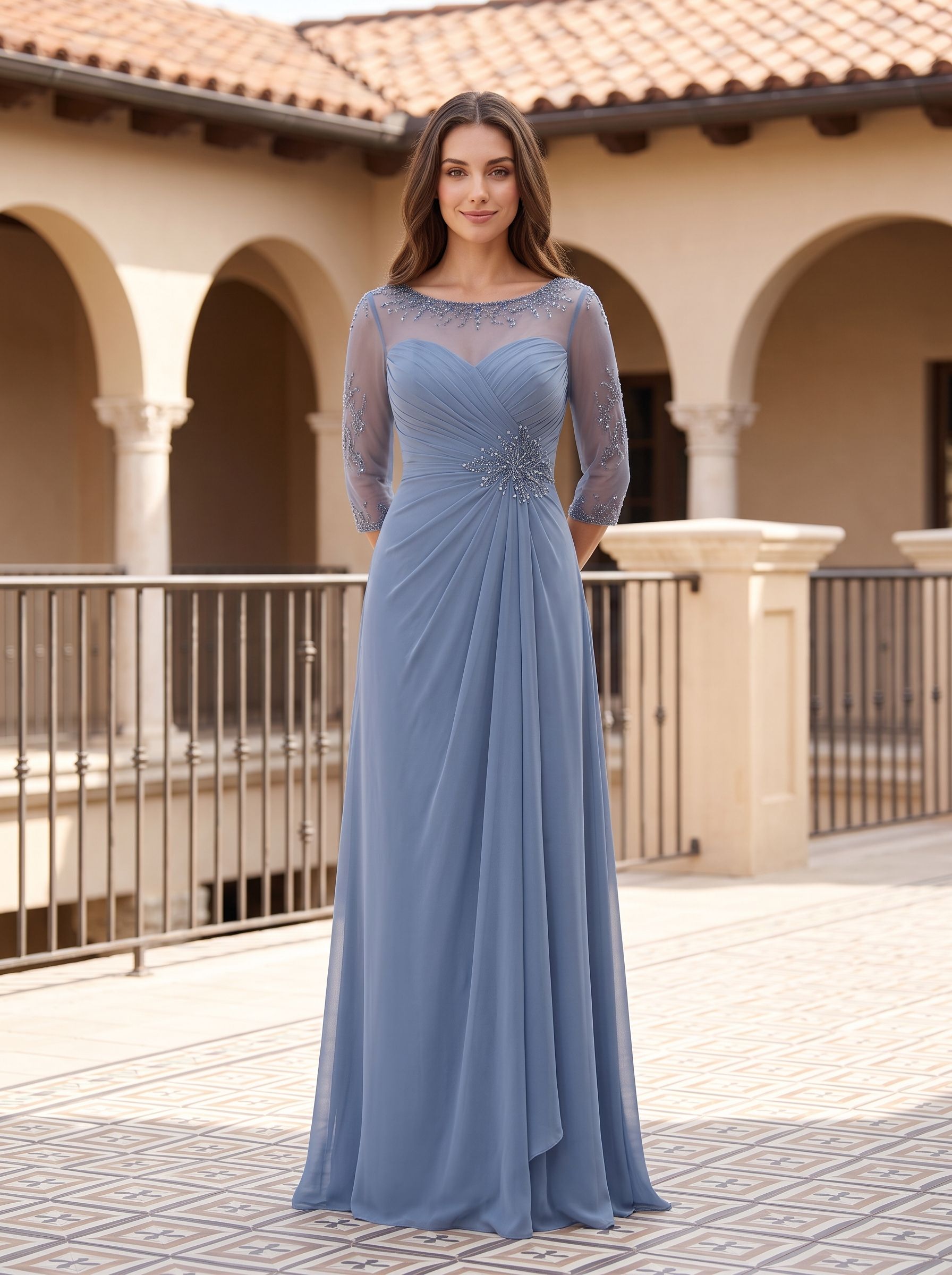Steel Blue Chiffon A-Line Scoop Neck Illusion Floor-Length Dress with Illusion Lace Sleeves - Curvevia