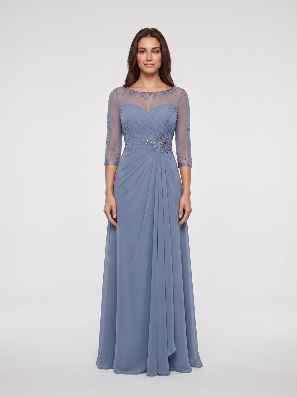 Steel Blue Chiffon A-Line Scoop Neck Illusion Floor-Length Dress with Illusion Lace Sleeves - Curvevia