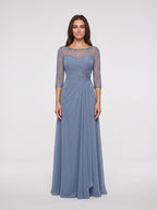 Steel Blue Chiffon A-Line Scoop Neck Illusion Floor-Length Dress with Illusion Lace Sleeves - Curvevia
