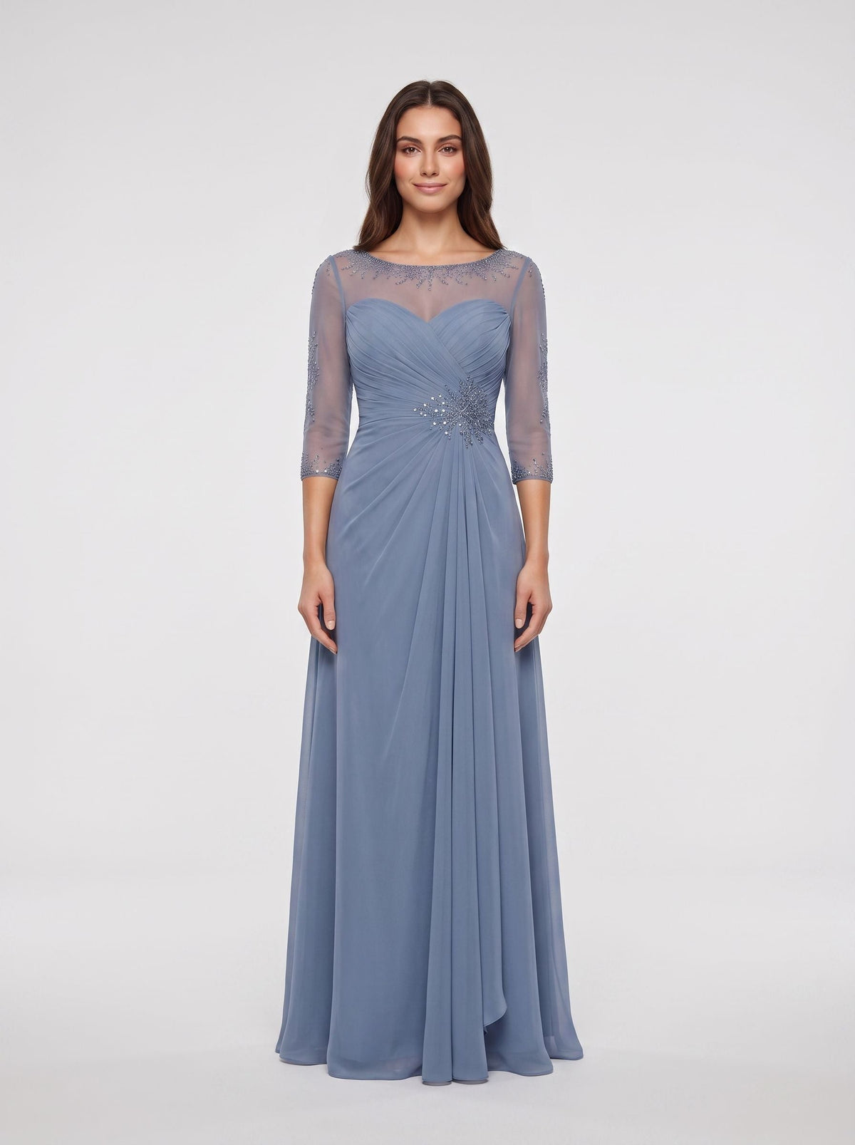 Steel Blue Chiffon A-Line Scoop Neck Illusion Floor-Length Dress with Illusion Lace Sleeves - Curvevia