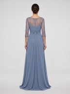 Steel Blue Chiffon A-Line Scoop Neck Illusion Floor-Length Dress with Illusion Lace Sleeves - Curvevia
