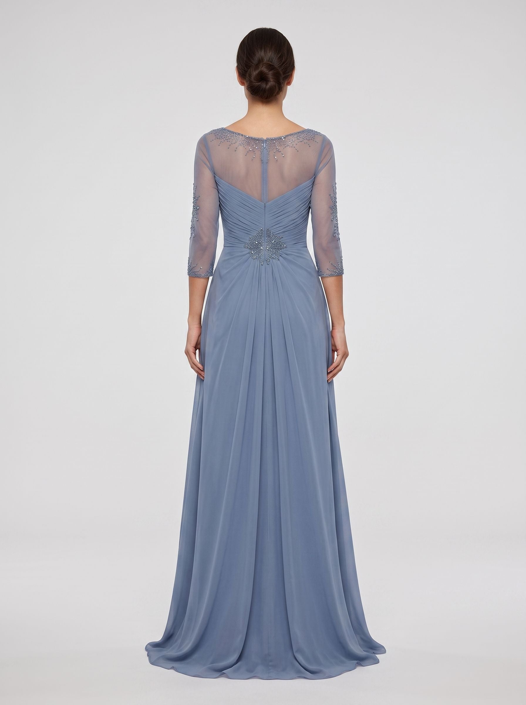 Steel Blue Chiffon A-Line Scoop Neck Illusion Floor-Length Dress with Illusion Lace Sleeves - Curvevia