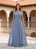 Steel Blue Chiffon A-Line Scoop Neck Illusion Floor-Length Dress with Illusion Lace Sleeves - Curvevia