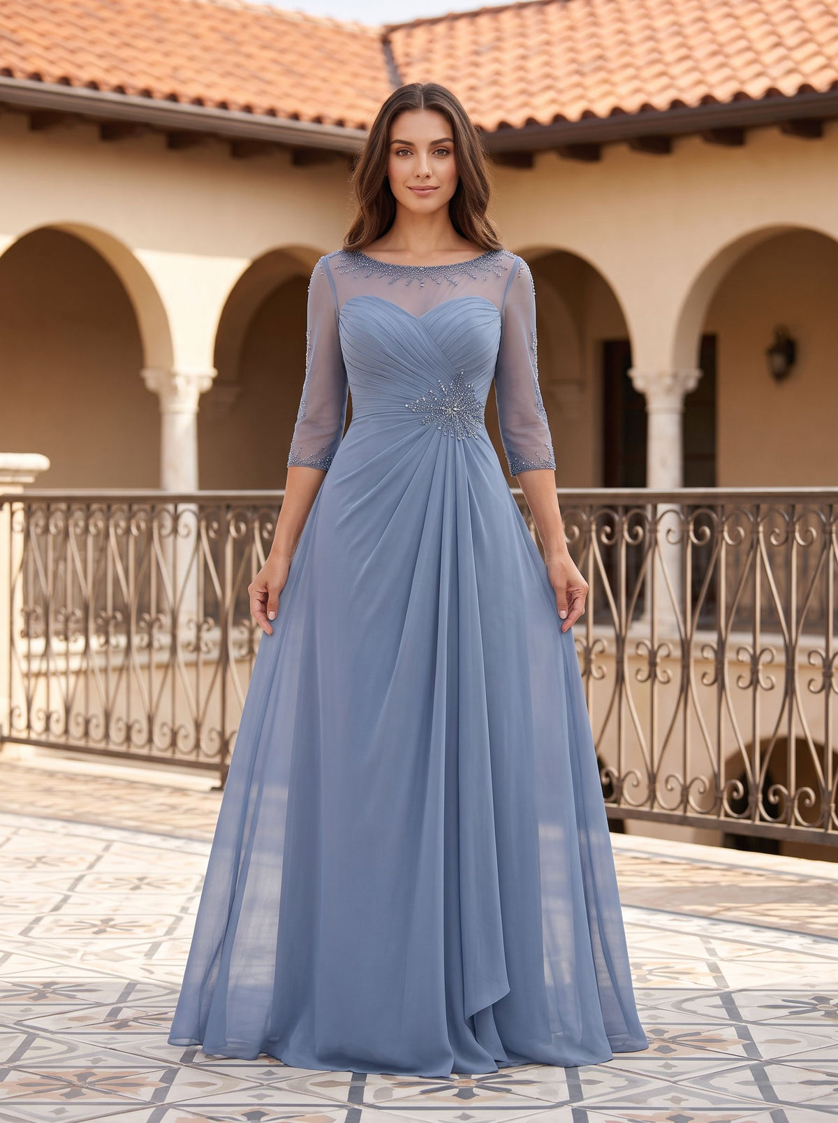 Steel Blue Chiffon A-Line Scoop Neck Illusion Floor-Length Dress with Illusion Lace Sleeves - Curvevia