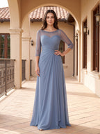 Steel Blue Chiffon A-Line Scoop Neck Illusion Floor-Length Dress with Illusion Lace Sleeves - Curvevia