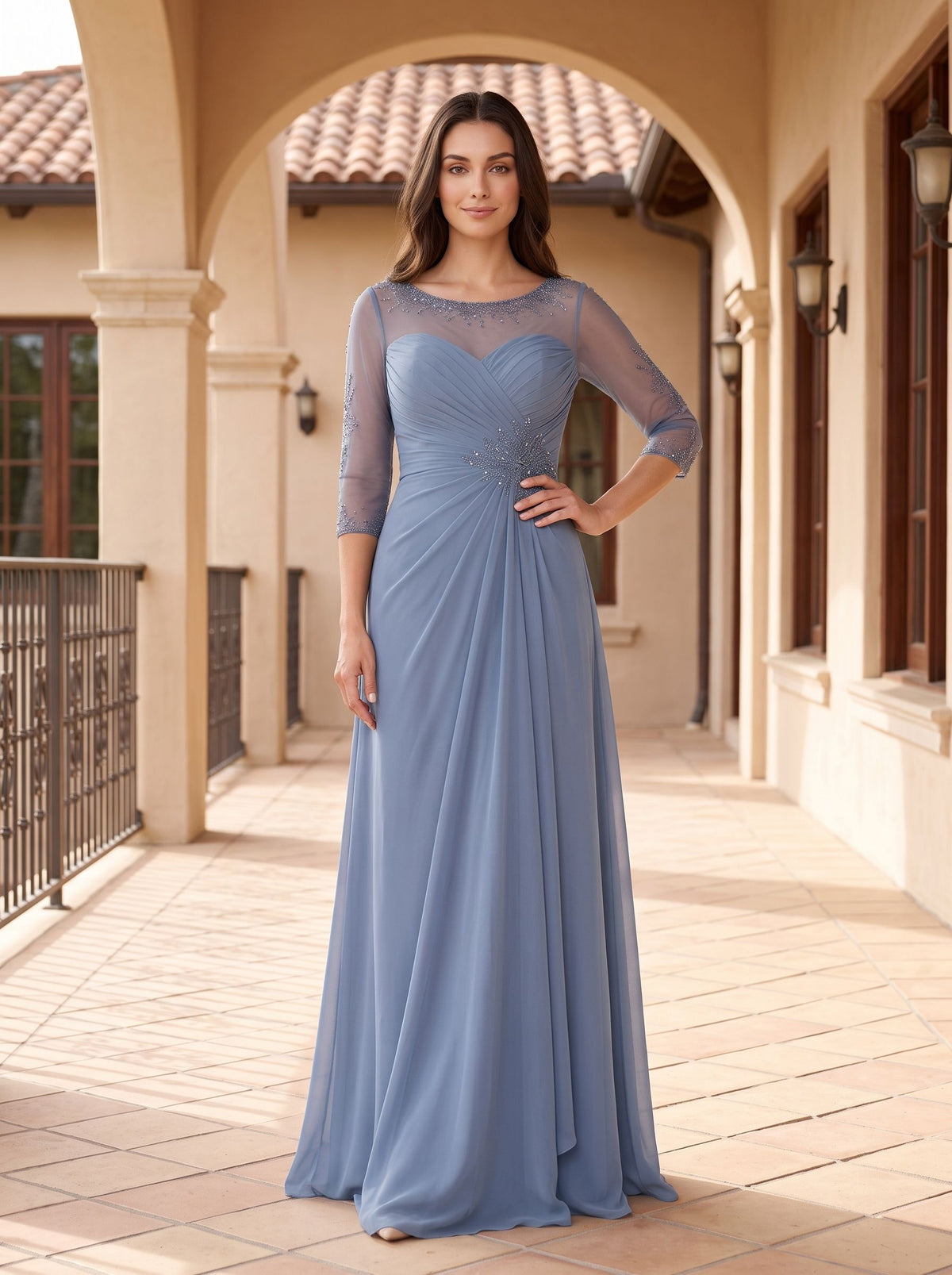 Steel Blue Chiffon A-Line Scoop Neck Illusion Floor-Length Dress with Illusion Lace Sleeves - Curvevia