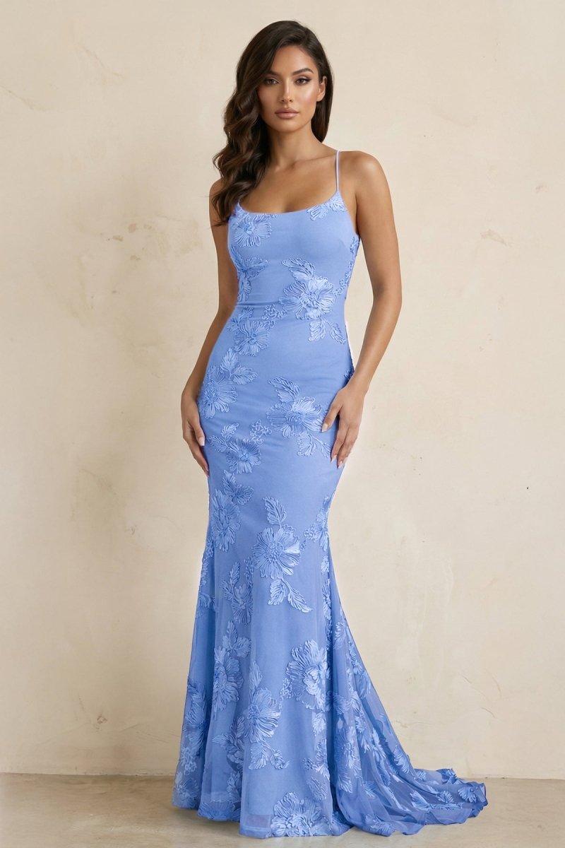 Sky Blue Spaghetti Straps Mermaid Tulle Long Prom Dresses With Appliques - Curvevia