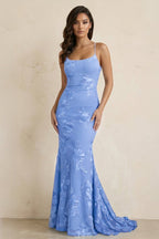 Sky Blue Spaghetti Straps Mermaid Tulle Long Prom Dresses With Appliques - Curvevia