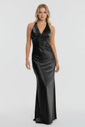 Turquoise Halter V-Neck Pleated Satin Sleeveless Long Wedding Guest Dress - Curvevia