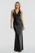 Turquoise Halter V-Neck Pleated Satin Sleeveless Long Wedding Guest Dress - Curvevia