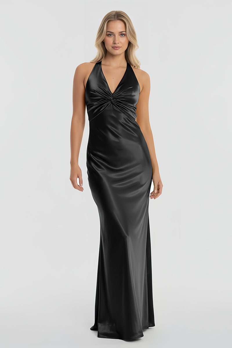 Turquoise Halter V-Neck Pleated Satin Sleeveless Long Wedding Guest Dress - Curvevia
