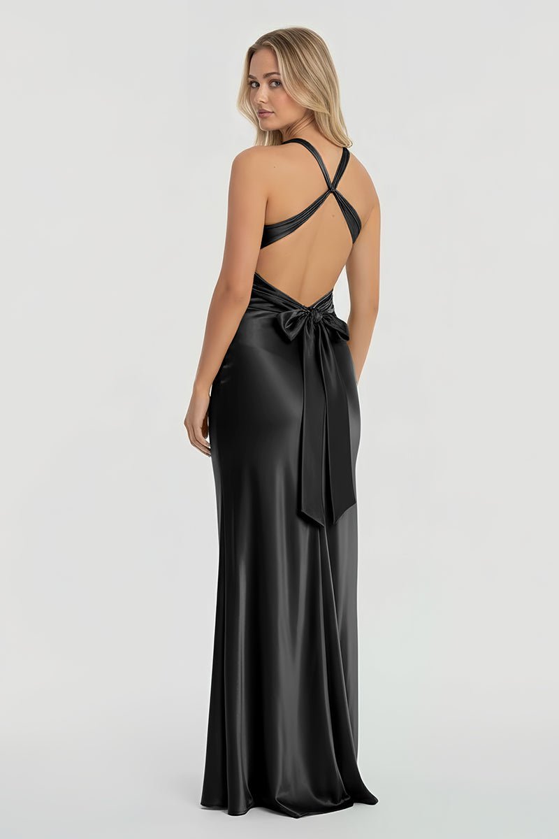 Turquoise Halter V-Neck Pleated Satin Sleeveless Long Wedding Guest Dress - Curvevia