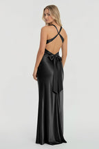 Turquoise Halter V-Neck Pleated Satin Sleeveless Long Wedding Guest Dress - Curvevia