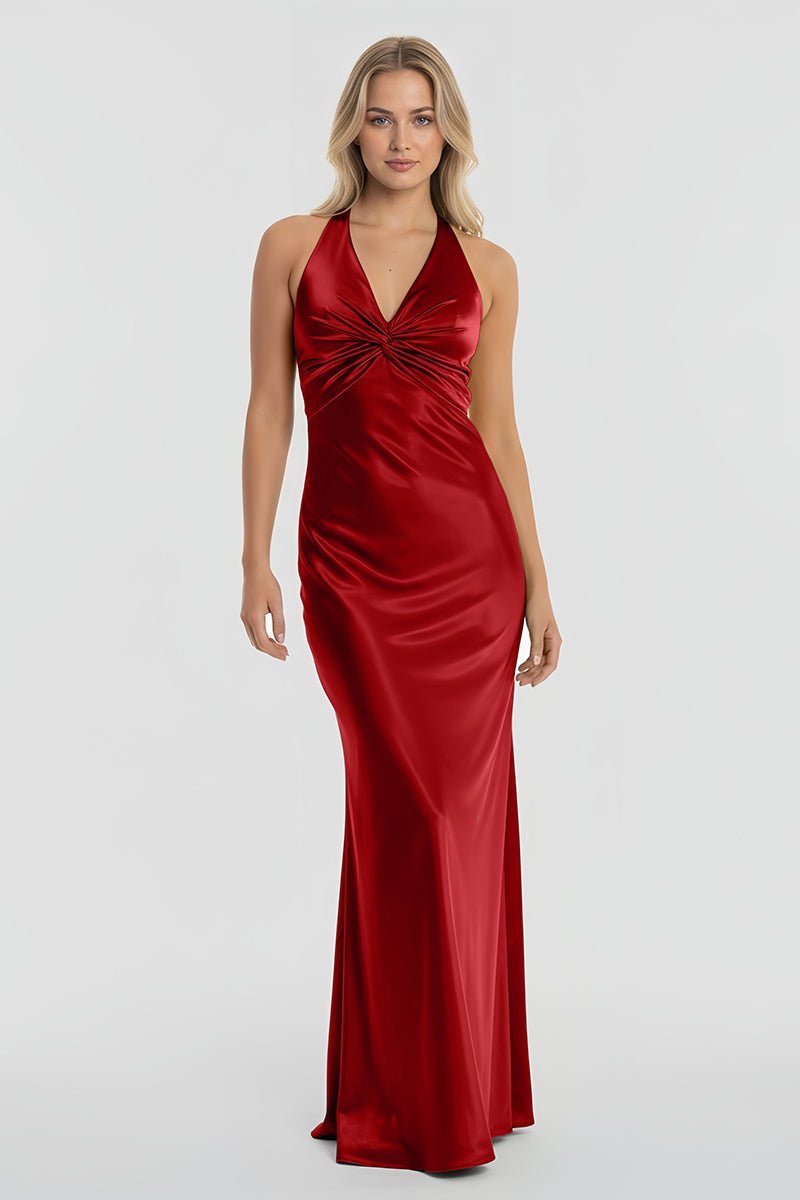 Turquoise Halter V-Neck Pleated Satin Sleeveless Long Wedding Guest Dress - Curvevia