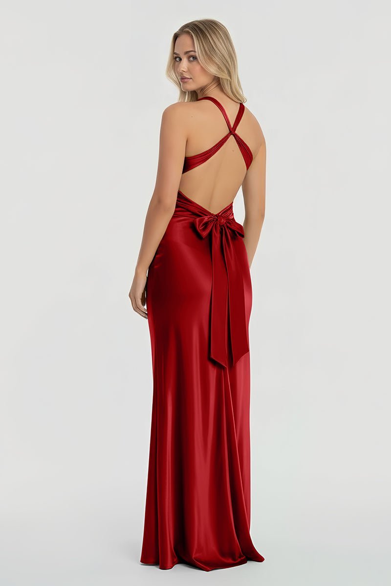 Turquoise Halter V-Neck Pleated Satin Sleeveless Long Wedding Guest Dress - Curvevia