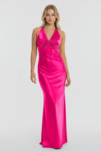 Turquoise Halter V-Neck Pleated Satin Sleeveless Long Wedding Guest Dress - Curvevia