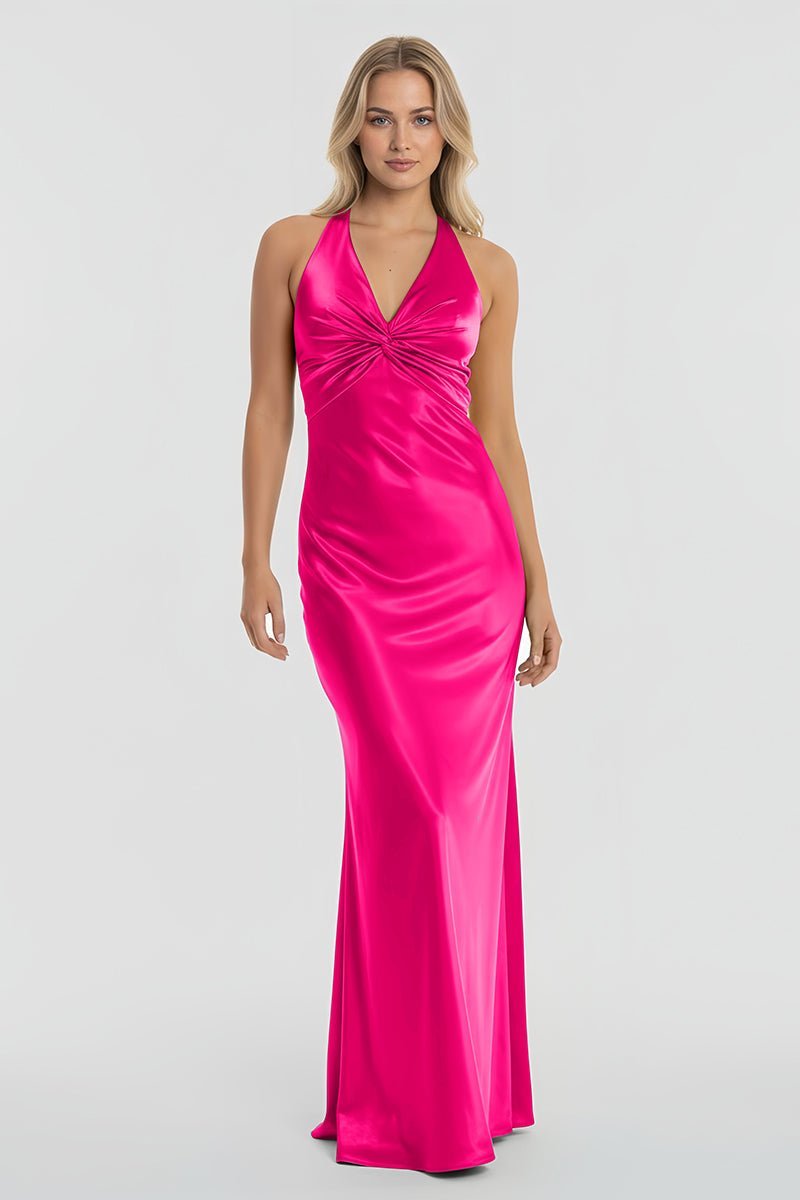 Turquoise Halter V-Neck Pleated Satin Sleeveless Long Wedding Guest Dress - Curvevia