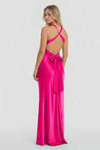 Turquoise Halter V-Neck Pleated Satin Sleeveless Long Wedding Guest Dress - Curvevia