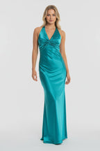 Turquoise Halter V-Neck Pleated Satin Sleeveless Long Wedding Guest Dress - Curvevia