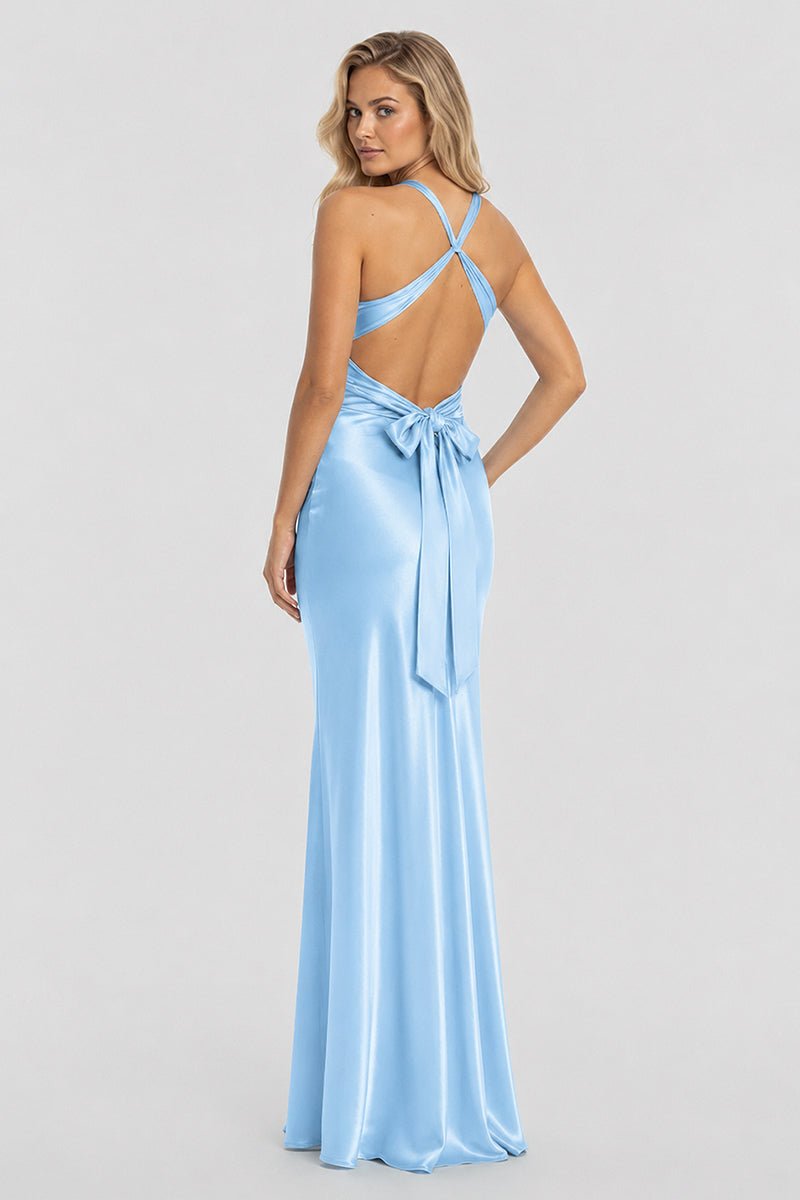 Turquoise Halter V-Neck Pleated Satin Sleeveless Long Wedding Guest Dress - Curvevia