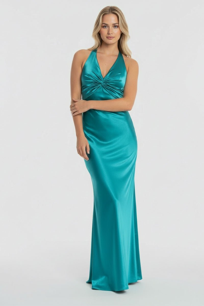 Turquoise Halter V-Neck Pleated Satin Sleeveless Long Wedding Guest Dress - Curvevia