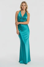 Turquoise Halter V-Neck Pleated Satin Sleeveless Long Wedding Guest Dress - Curvevia