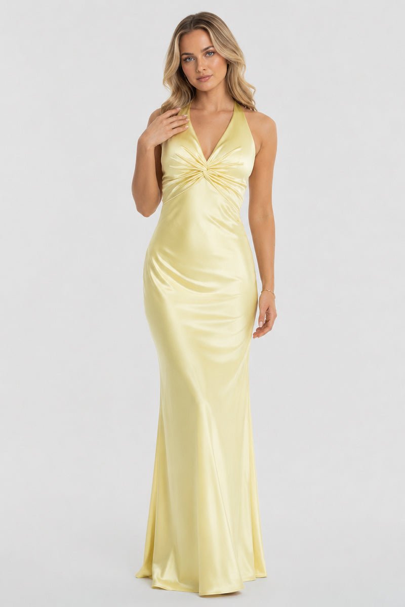 Turquoise Halter V-Neck Pleated Satin Sleeveless Long Wedding Guest Dress - Curvevia