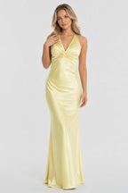 Turquoise Halter V-Neck Pleated Satin Sleeveless Long Wedding Guest Dress - Curvevia