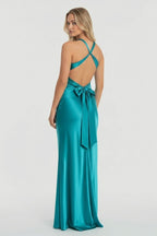 Turquoise Halter V-Neck Pleated Satin Sleeveless Long Wedding Guest Dress - Curvevia
