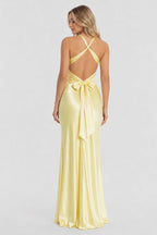 Turquoise Halter V-Neck Pleated Satin Sleeveless Long Wedding Guest Dress - Curvevia