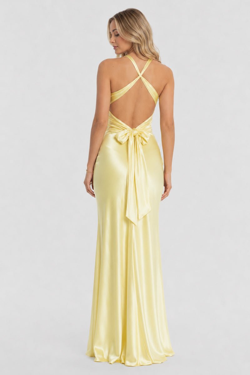Turquoise Halter V-Neck Pleated Satin Sleeveless Long Wedding Guest Dress - Curvevia