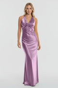 Turquoise Halter V-Neck Pleated Satin Sleeveless Long Wedding Guest Dress - Curvevia