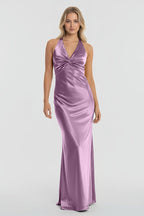 Turquoise Halter V-Neck Pleated Satin Sleeveless Long Wedding Guest Dress - Curvevia