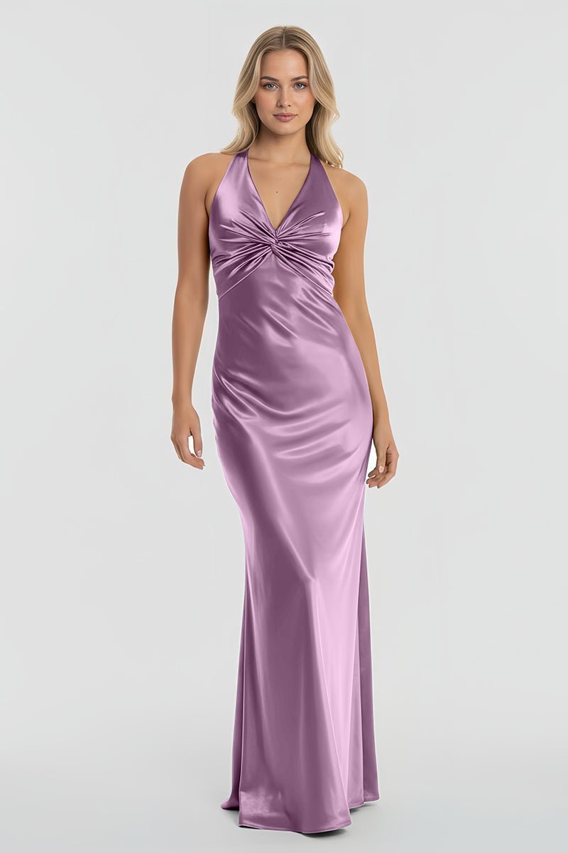 Turquoise Halter V-Neck Pleated Satin Sleeveless Long Wedding Guest Dress - Curvevia