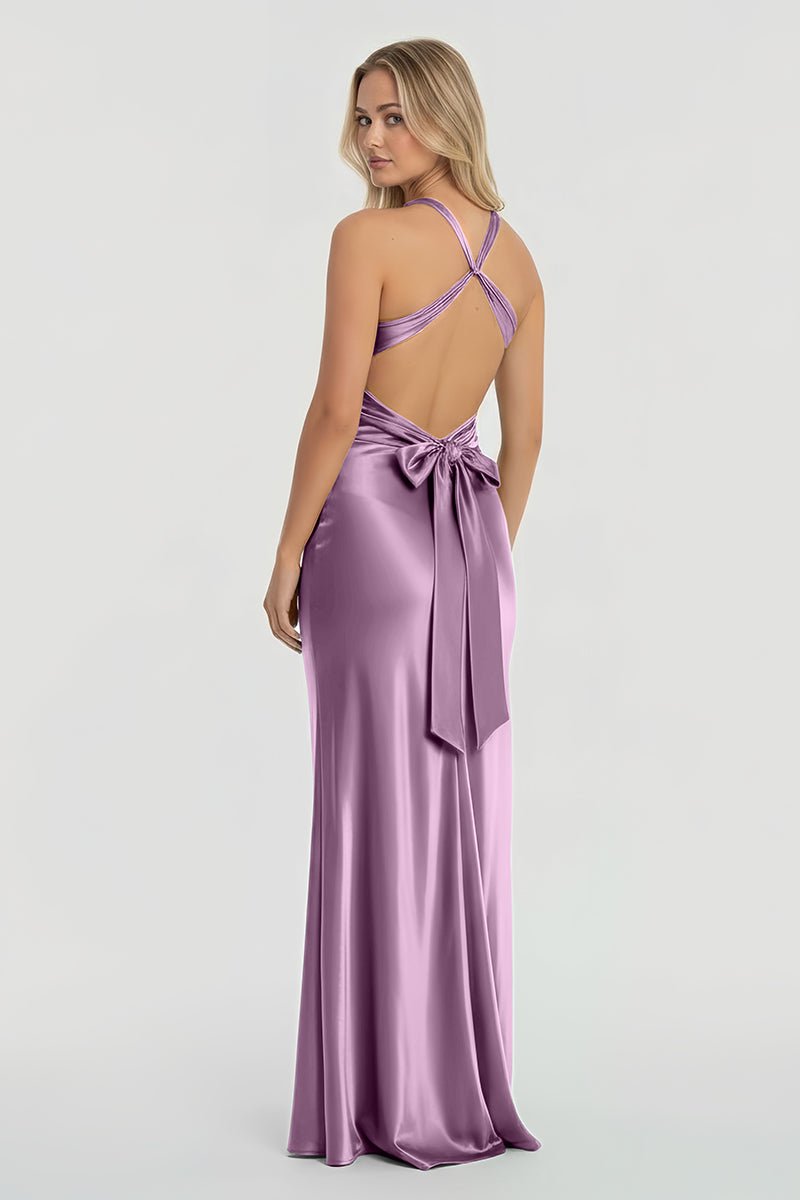 Turquoise Halter V-Neck Pleated Satin Sleeveless Long Wedding Guest Dress - Curvevia