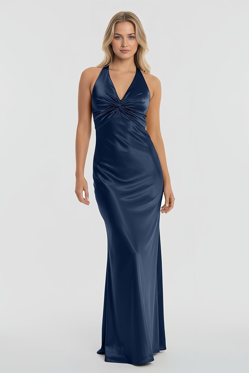 Turquoise Halter V-Neck Pleated Satin Sleeveless Long Wedding Guest Dress - Curvevia