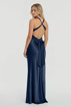 Turquoise Halter V-Neck Pleated Satin Sleeveless Long Wedding Guest Dress - Curvevia
