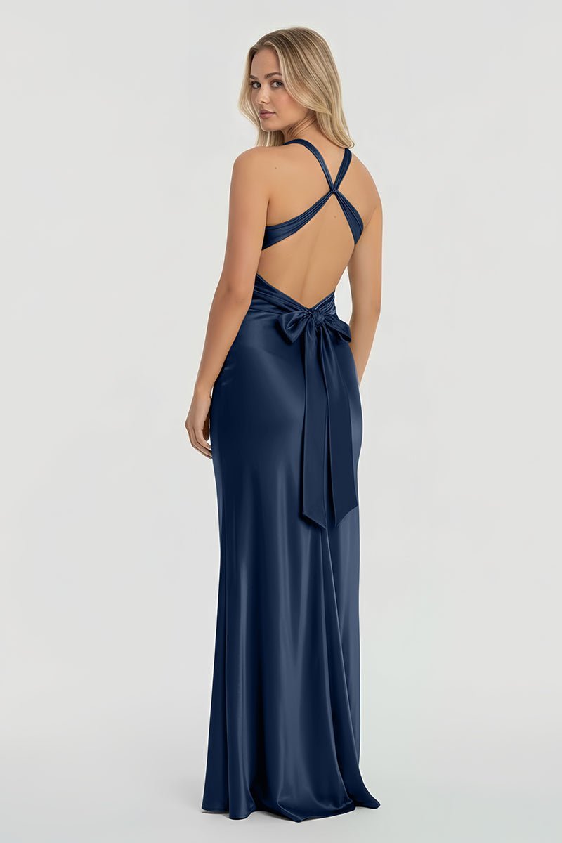 Turquoise Halter V-Neck Pleated Satin Sleeveless Long Wedding Guest Dress - Curvevia